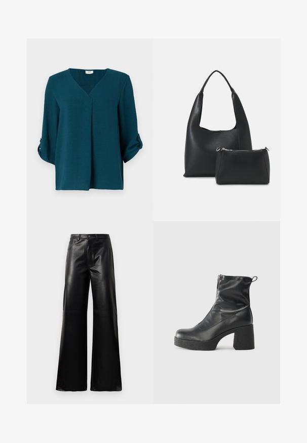 Zöldeskék blúz V kivágással, háromnegyedes ujjal és gombos mandzsettával. Texturált anyagból készült, laza szabással és elülső pliszé részlettel.; Fekete, magas derekú, széles lábú, műbőr nadrág elülső gombbal, cipzárral, övbújtatókkal és oldalsó zsebekkel, fehér háttérrel.; Fekete bokacsizmák sima bőrből, oldalsó cipzárral, vastag, texturált sarkú és lekerekített orrú dizájnnal.; Even&Odd Kézitáska - black