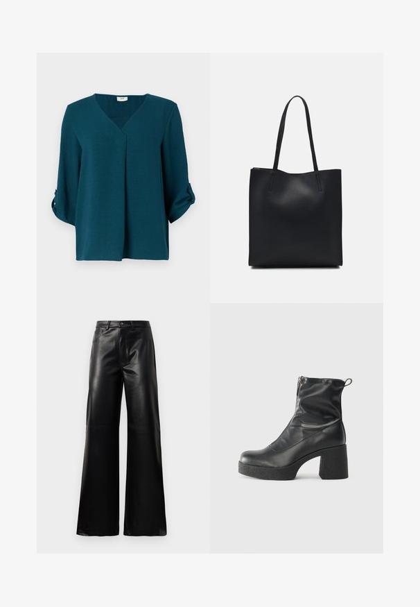 Mėlyna bluzonė su V formos iškirpte, trijų ketvirčių rankovėmis ir mygtukais prie rankogalių. Pagaminta iš tekstūruotos medžiagos, laisvos silueto ir su priekine raukšle.; Juodos aukšto juosmens plačios kojų dirbtinės odos kelnės su priekiniais mygtukais, užtrauktuku, diržo kilpomis ir šoninėmis kišenėmis ant balto fono.; Juodos kulkšninių botai, pagaminti iš lygaus odos, su šoniniu užtrauktuku, masyviu tekstūruotu kulnu ir apvaliu pirštu.; Juodas odinis tote krepšys su lygia tekstūra, stačiakampio formos ir dviem ilgais rankenomis. Matomų metalinių detalių ar puošybos nėra.