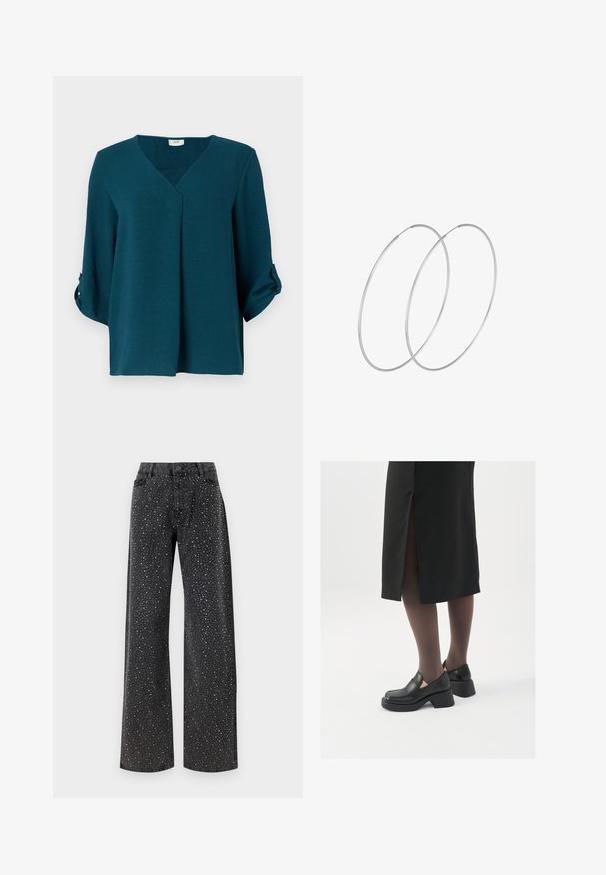 Tealblus med V-ringning, trekvartsärmar och knäppte manschetter. Tillverkad av texturerat tyg med en löst sittande passform och detaljer med veck fram.; Noisy May NMJANNEL LOOSE - Jeans relaxed fit - black denim; Svarta läderskor med rund tå, tjock klack utan häl och elastiska sidodetaljer, kombinerat med mörka strumpbyxor och en svart kjol med slits.; Silverfärgade hoopörhängen med en minimalistisk design. Cirkulär form, slät yta och tunn profil. Lätta med en polerad finish.