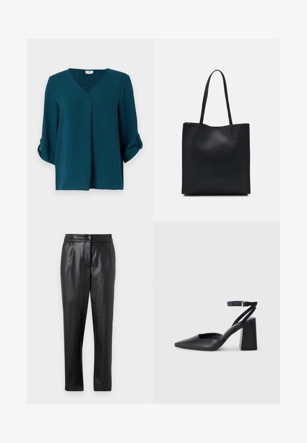 Zöldeskék blúz V kivágással, háromnegyedes ujjal és gombos mandzsettával. Texturált anyagból készült, laza szabással és elülső pliszé részlettel.; Fekete bőr nadrág sima textúrával, egyenes szabással, rugalmas derékkal és elülső gombos záródással; pliszírozott részletezéssel és szűkített lábakkal.; Fekete bőr, hegyes orrú magassarkú cipő boka pánttal és vastag sarokkal. Sima textúra, elegáns dizájn és minimális esztétika.; Fekete bőrtáska sima felszínnel, téglalap alakú, két hosszú füllel. Nincs látható fémkiegészítő vagy díszítés.