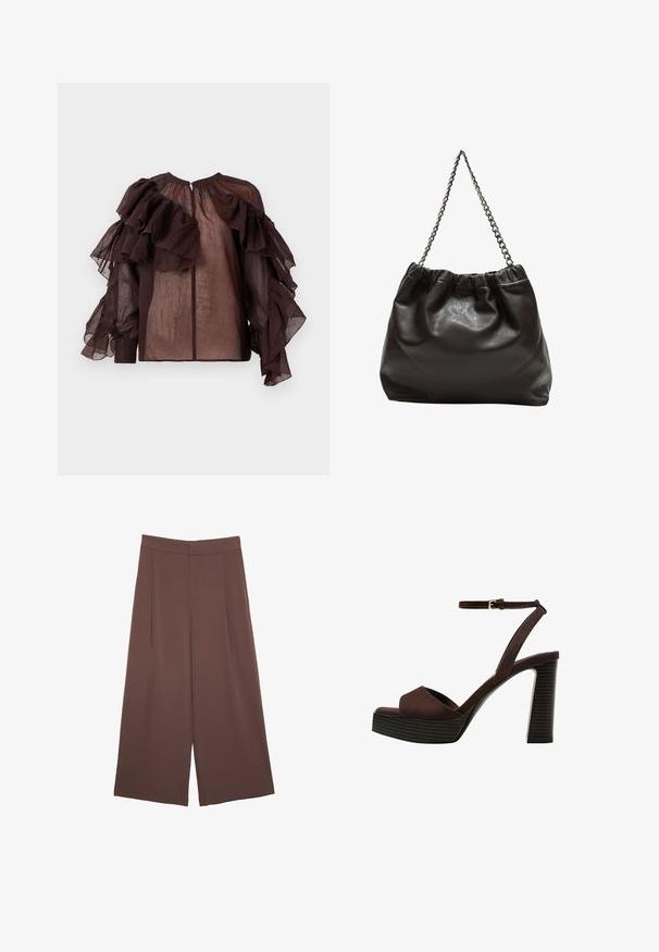 Temno prosojna bluzica z voluminoznimi plastmi volanov na rokavih in zgornjem delu prsi, nabranim dekoltejem in z gumbom na hrbtni strani.; Rjave široke hlače z gladko teksturo, ki imajo visok pas in sprednje naborke. Tkanina je lahka in prosto pada.; Rjave semiš sandale z visoko peto, odprto spredaj, z nastavljivim gležnjenjem in črtastim podplatom.; Rjava usnjena torba z nabranim vrhom in verižnim trakom. Gladka tekstura z sijajno površino in subtilnimi šivi na straneh.