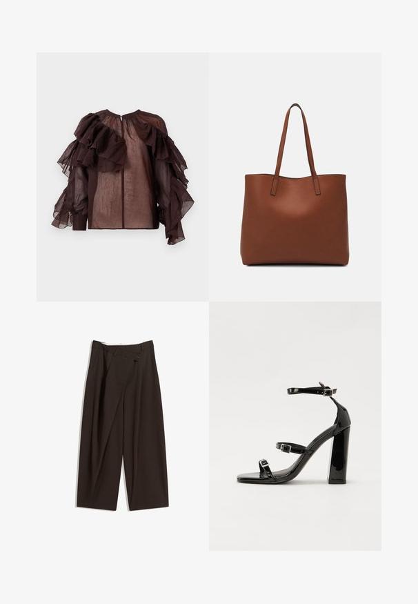 Czarna, przezroczysta bluzka z obszernymi, warstwowo ułożonymi falbanami na rękawach i górnej części klatki piersiowej, ze zgromadzonym dekoltem i zapięciem na guziki z tyłu.; Ciemnobrązowe szerokie spodnie o wysokim stanie, z pojedynczym zapięciem na guzik i plisowanym przodem. Wykonane z lekkiego materiału.; Czarne lakierowane sandały na obcasie z kwadratowym noskiem, z paskami wokół kostki i srebrnymi klamrami. Posiadają masywny słupek dla stabilności.; Brązowa skórzana torba tote o gładkiej fakturze, z otwartym wierzchem i dwoma ramiączkami. Charakteryzuje się minimalnym przeszyciem i brakiem widocznych elementów metalowych.