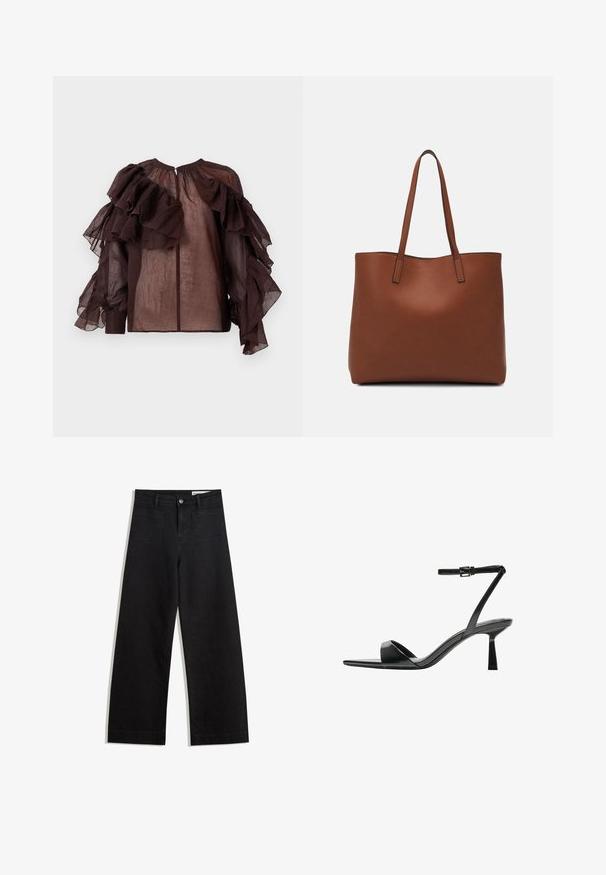 Tmavý priesvitný top s objemnými vrstvenými volánmi na rukávoch a hornej časti hrudníka, nariasený výstrih a zapínanie na gombík na zadnej strane.; Čierne denimové nohavice s širokými nohavicami a vysokým pásom, so prednými a zadnými vreckami, šitými švami a zapínaním na gombík. Hladká textúra.; Bershka Sandále na vysokom opätku - black; Hnedá kožená taška na rameno s hladkou textúrou, otvoreným vrchom a dvoma ramenými popruhmi. Má minimálne šitia a žiadne viditeľné kovania.