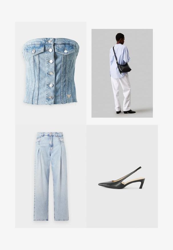 Guess SOFIA - Topper - blue denim; Lyseblå denimjeans med høy livlinje, vide ben, to sidelommer og plisserte detaljer. Myk tekstur med en falmet finish.; Svart spiss tå slingback-sko med lav hæl, laget av jevnt skinnmateriale og med utskåret design på siden for pusteevne.; Svart lær skulderveske med en myk tekstur, trekantet form og justerbar stropp, kombinert med en lyseblå stripete skjorte og hvite bukser.