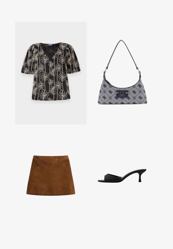 Sort top med pufærmer, V-hals og beige blomsterbroderi. Blomsterprintet er jævnt fordelt over stoffet.; Brun ruskind mini nederdel med en glat overflade, A-linjeform og ren kant. Ingen synlige hardware eller mønstre. Simpelt og elegant design.; Sorte hælede mules med en bred åben tå og en buet overdel. Fremstillet af tekstureret stof, med en slank hæl og en glat sål.; Hobo-stil håndtaske i mørkeblå stof med diamantmønster, der har en logo-plade og en glat skulderrem. Teksturoverflade.