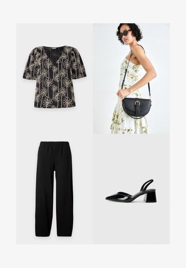 Top negro con mangas abullonadas, cuello en V y bordado de flores beige. El patrón floral está distribuido de manera uniforme por toda la tela.; Pantalones de pierna ancha negros con cintura elástica y costuras verticales visibles en cada pierna sobre un fondo blanco.; Zapatos de tacón slingback de charol negro con punta afilada y tacón geométrico en bloque. Presentan un diseño elegante y minimalista, así como una textura suave.; Bolso de piel negra con forma curva, correa desmontable y herrajes dorados. El bolso cuenta con una solapa con un detalle de hebilla.