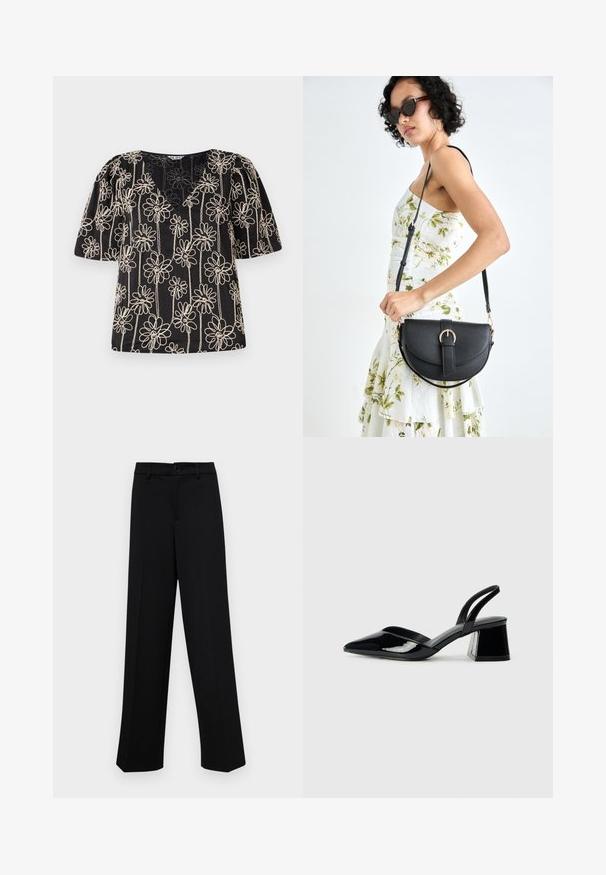 Haut noir avec des manches bouffantes, un col en V et une broderie de fleurs beige. Le motif floral est uniformément réparti sur le tissu.; Pantalons larges noirs en tissu lisse, avec une taille classique à fermeture à bouton et des plis sur le devant.; Escarpins en cuir verni noir avec bout pointu et talon bloc géométrique. Présente un design élégant et minimaliste ainsi qu'une texture lisse.; Sac à main en cuir noir avec une forme courbée, bandoulière amovible et des accessoires en or. Le sac est doté d'un rabat avec un détail de boucle.
