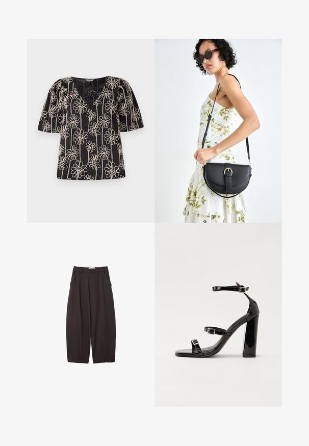 Black top featuring puff sleeves, a V-neck, and beige flower embroidery. Floral pattern is evenly distributed across the fabric.; Black wide-leg trousers made from a smooth fabric, featuring a high waist, front pleats, and side pockets. Simple design without embellishments.; Black patent heeled sandals with a square toe, ankle straps, and silver buckles. Features a chunky block heel for stability.; Black leather handbag with a curved shape, detachable strap, and gold hardware. The bag features a flap with a buckle detail.