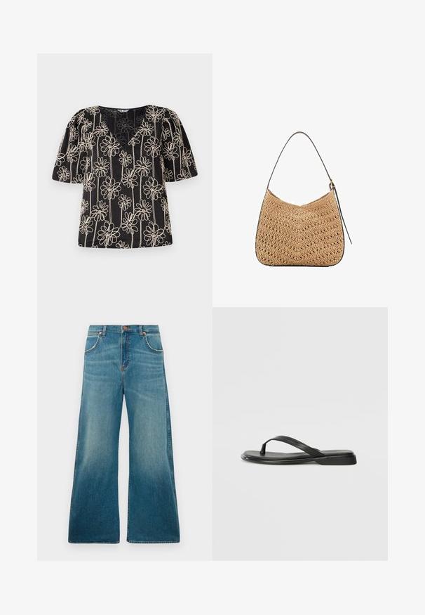 Crna bluzica s nabranim rukavima, V-izrezom i bež cvjetnim vezom. Cvjetni uzorak ravnomjerno je raspoređen po tkanini.; Traperice s visokim strukom u plavoj boji, širokih nogavica, prednjim džepovima, kopčanjem na dugme i izblijedjelim gradijentom boje od struka do donjeg ruba.; Crne japanke od glatke kože, s tankim remenčićem i ravnim potplatom minimalističkog profila. Bez značajnih uzoraka ili akcenata.; Tkana torba od slame s zakrivljenim oblikom, s tamnom kožnom trakom i teksturiranom površinom s chevron uzorkom.; Umjetničke naušnice zlatnog tona imaju nepravilne teksturirane oblike, ukrašene zelenim draguljima i bijelim biserima, pričvršćene kopčama za uši.