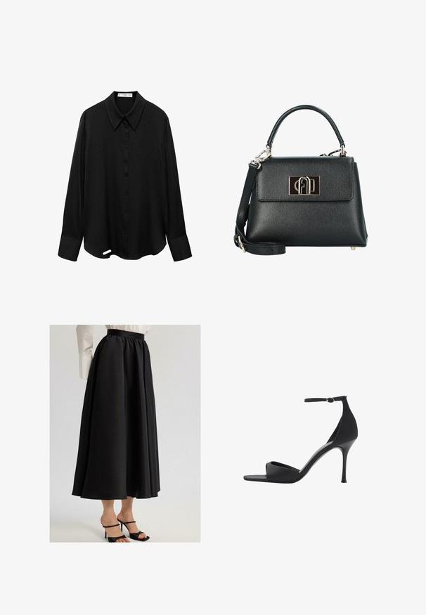 Camicetta nera a maniche lunghe realizzata in tessuto liscio, con chiusura a bottoni frontale, ampio colletto e orlo arrotondato con un piccolo spacco laterale.; Gonna nera maxi realizzata in tessuto liscio, caratterizzata da una vita arricciata e un design fluido, abbinata a sandali neri con cinturini.; Mango Sandali con tacco - black; Borsa a tracolla in pelle nera texture con una forma strutturata, dotata di manico superiore, tracolla removibile e una chiusura con logo in tono oro.; Orologio da polso rettangolare dorato con quadrante bianco, indicatori delle ore in tono argento e un robusto bracciale in metallo. Include la funzione di resistenza all'acqua.