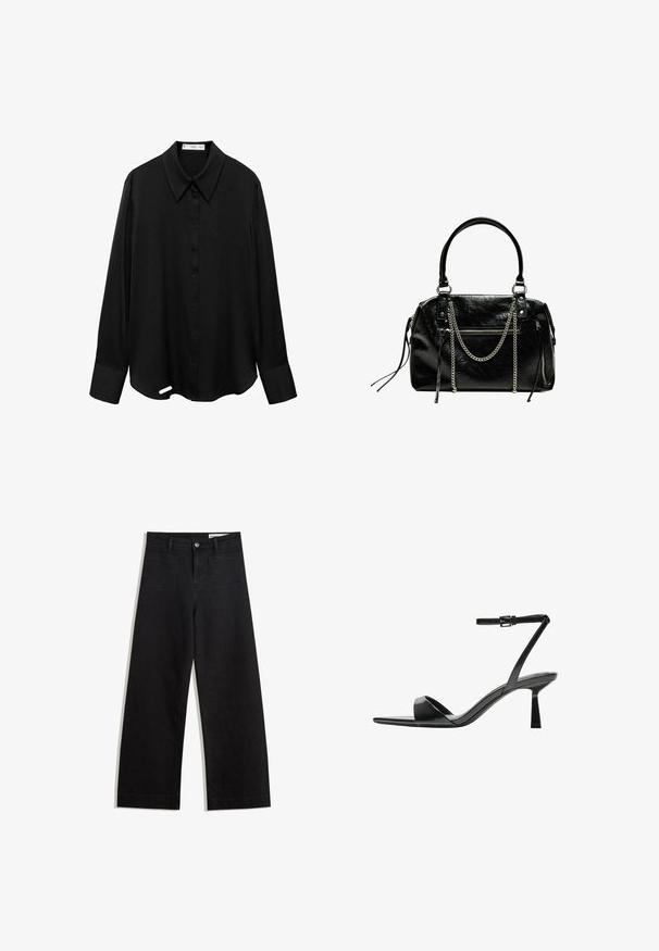 Camicetta nera a maniche lunghe realizzata in tessuto liscio, con chiusura a bottoni frontale, ampio colletto e orlo arrotondato con un piccolo spacco laterale.; Pantaloni in denim neri a gamba larga con vita alta, dotati di tasche anteriori e posteriori, cuciture a punto, e chiusura con bottone. Texture liscia.; Bershka Sandali con tacco - black; Bershka WITH CHAIN - Borsa a mano - black
