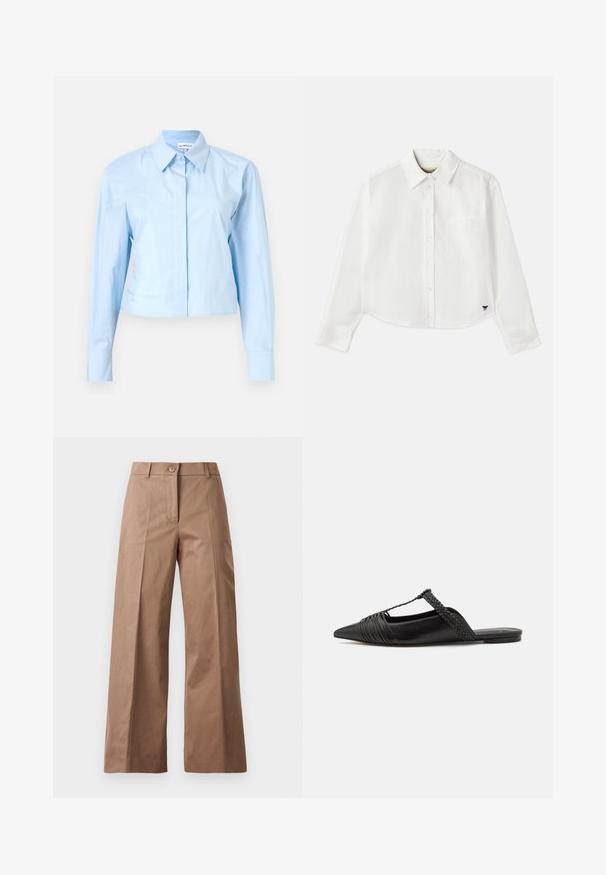 Camicetta azzurra chiara a maniche lunghe, cropped, con colletto a camicia, realizzata in tessuto morbido. Presenta una chiusura frontale e polsini strutturati.; Camicia bianca a maniche lunghe e taglio corto in cotone. Presenta una chiusura con bottoni sul davanti, una tasca sul petto e un piccolo logo nero in basso a sinistra.; Pantaloni larghi marroni realizzati in un tessuto morbido, con chiusura frontale con bottone, due tasche anteriori e linee pulite e sartoriali.; Scarpa slingback in pelle nera con punta appuntita, con un dettaglio intrecciato e un design superiore plissettato. Suola piatta con hardware minimale.