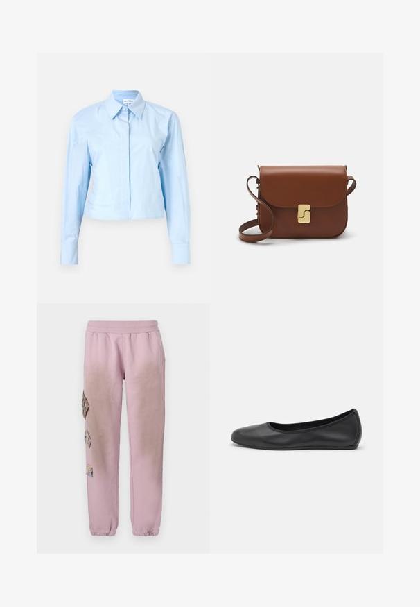 Helehelesin sinine lühike varrukasärk nööbiga krae, valmistatud siledast kangast. Omab esist etti ja struktureeritud mansette.; Roosa spordipüksid elastse paelaga vööl, millel on vasakul küljel dekoratiivsed rombikujulised plaastrid ja elastsed mansetid pahkluude juures.; Musthave mustika tantsutossud mustast nahast, ümmarguse varbaga, siledast tekstuurist, minimaalse õmblusdetailiga ja paindliku tallakujundusega.; Pruunist nahast käekott, millel on klapiga sulgur, kuldne riistvara, õlarihm ja sile tekstuur. Kompaktne ristkülikukujuline vorm.