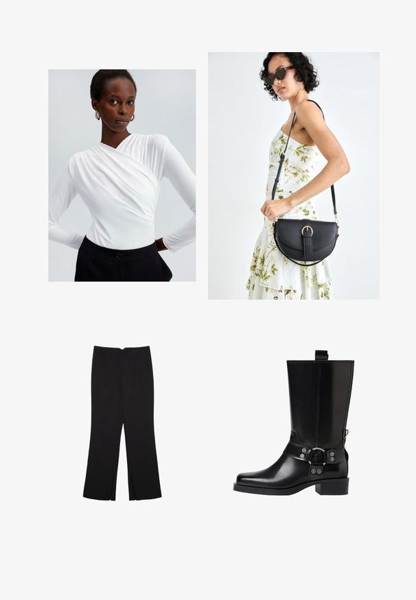 Valkoinen pitkähihaine paita, jossa on kietaisu-design ja rypytysdetaili olkapäässä, yhdistettynä korkeavyötäröisiin mustiin housuihin, joissa on nappisulku.; Mustat housut suoralinjaisella leikkauksella, joissa on etutaskut ja sivurei'ät helman alla. Valmistettu pehmeästä ja sileästä kankaasta. Sopii eri tilaisuuksiin.; Musta nahkasaapas polven yläpuolelle, jossa on terävä kärki, hopeiset solkiyksityiskohdat ja paksu korko. Varustettu vetotapilla helppoa pukemista varten.; Musta nahkainen käsilaukku, joka on kaareva muotoilultaan, irrotettavalla hihnalla ja kultaisilla yksityiskohdilla. Laukussa on läppä, jossa on solk yksityiskohta.