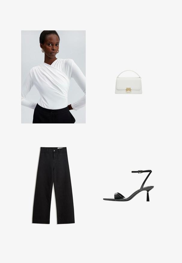 Top bianco a manica lunga con design avvolgente e dettaglio arricciato sulla spalla, abbinato a pantaloni neri a vita alta con chiusura con bottone.; Pantaloni in denim neri a gamba larga con vita alta, dotati di tasche anteriori e posteriori, cuciture a punto, e chiusura con bottone. Texture liscia.; Bershka Sandali con tacco - black; Borsa a tracolla bianca in pelle con design strutturato, dotata di manico superiore e chiusura in metallo dorato. Texture liscia e accenti minimalisti.