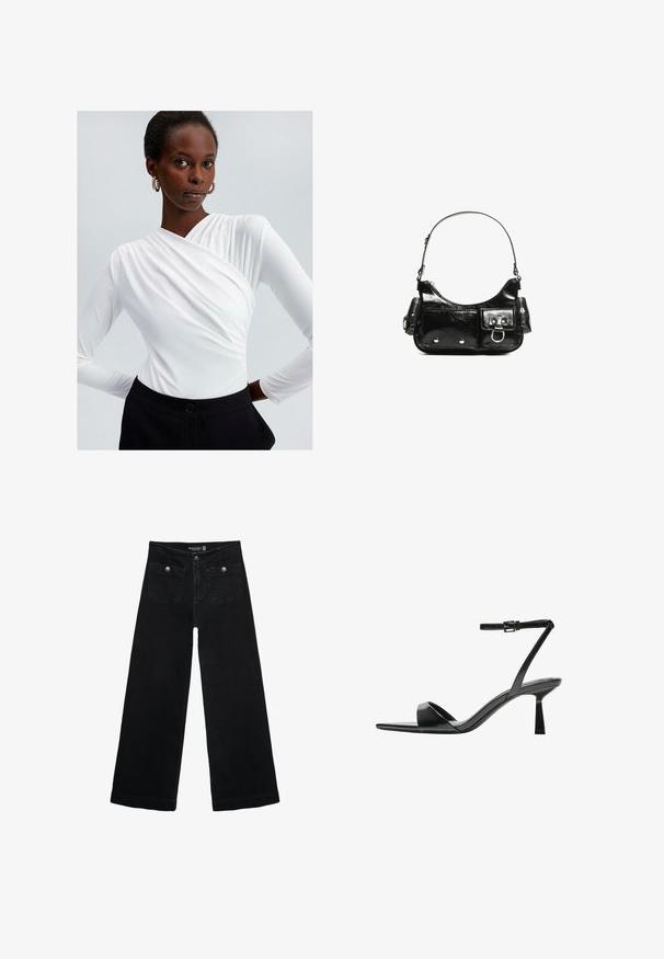 Haut blanc à manches longues avec un design enveloppant et un détail froncé à l'épaule, associé à un pantalon noir taille haute avec une fermeture à bouton.; Jean's larges noires avec taille haute, dotés de deux poches avant et d'accents en métal sur les boutons. Le tissu a une texture lisse.; Bershka Sandales à talons hauts - black; Sac à main en cuir verni noir avec une forme incurvée, une bandoulière, des poches avant et des accents en métal argenté.