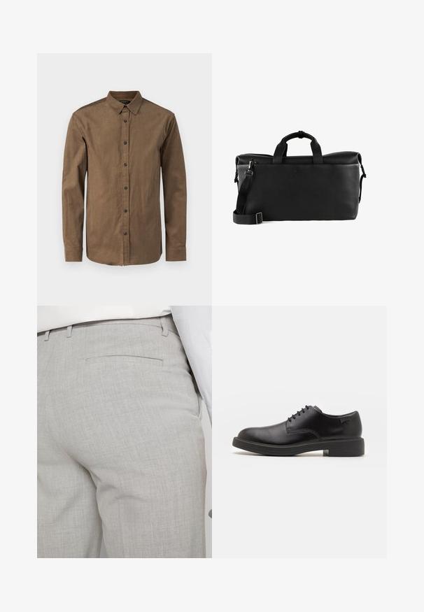 Brązowa koszula zapinana na guziki, wykonana z teksturowanej tkaniny, z kołnierzem typu spread i długimi rękawami z zapięciem na guziki. Siedem guzików z przodu.; Jasnoszare, dopasowane spodnie wykonane z fakturowanej tkaniny, z pojedynczą tylną kieszenią i starannym przeszyciem.; Czarny skórzany but za kostkę z okrągłym noskiem, gładką fakturą, minimalnym przeszyciem i niskim gumowym obcasem. Logo na pięcie.; Czarna skórzana torba podróżna o textured powierzchni, z podwójnymi uchwytami, regulowanym paskiem na ramię i zamkiem błyskawicznym na górze. Prosta grafika logo z przodu.