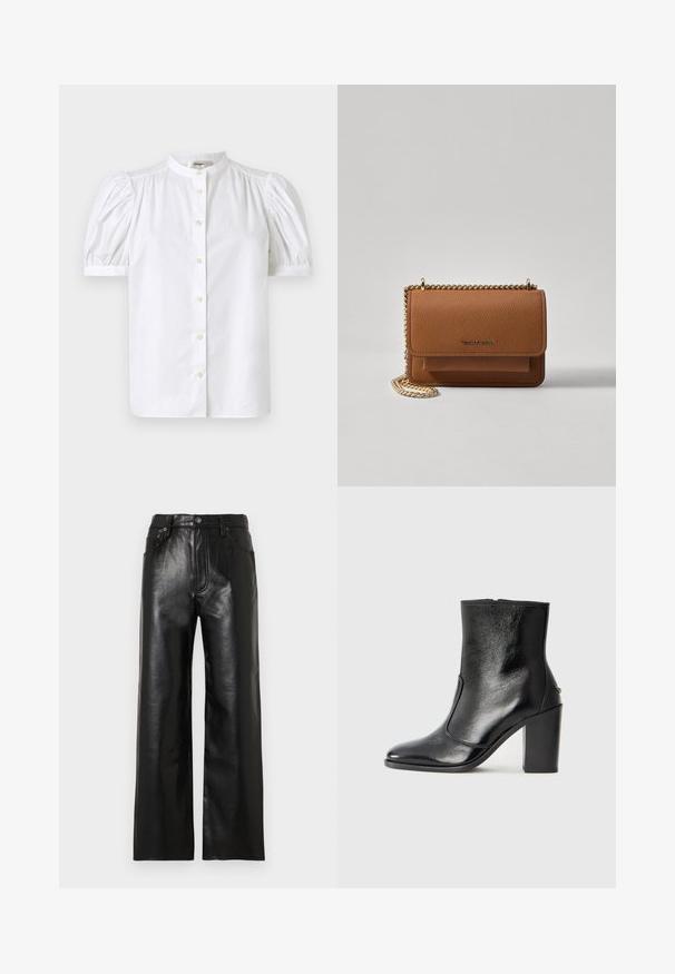FRAME THE GATHERED - Blouse - white; Black leather wide-leg pants with a glossy finish, featuring front pockets, a zip fly, and a button closure. Smooth texture throughout.; Black leather ankle boot with a smooth texture, pointed toe, and a chunky high heel. Features a side opening and minimalistic design.; Brown textured leather crossbody bag with gold chain strap and flap closure. Front features logo detail and a pocket under the flap.