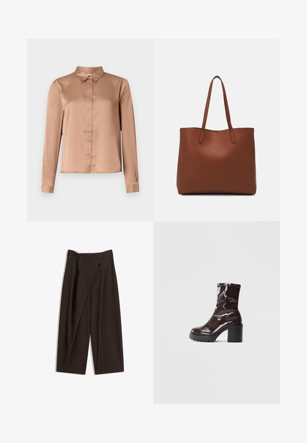 Hosszú ujjú blúz világosbarna szaténból, amelynek galléros nyaka, gombos eleje és testhezálló szabása van, egyenes hemel.; Sötétbarna, bő szárú nadrág magas derékkal, egyetlen gombos záródással és redős elülső résszel. Könnyű anyagból készült.; Fényes bordó bokacsizma vastag fekete sarokkal, sima felülettel és egyszerű dizájnnal. Nincsenek látható zárak vagy minták.; Barna bőr vászontáska sima textúrával, nyitott tetejű dizájnnal és két vállpánttal. Minimális varrással és látható hardver nélkül készült.