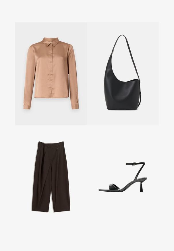 Hedvábná blůza s dlouhým rukávem v světle hnědé barvě, s límečkem, zapínáním na knoflíky a přiléhavým střihem se rovním lemem.; Tmavě hnědé široké kalhoty s vysokým pasem, vybavené jedním tlačítkem na zapínání a plisovaným předním dílem. Vyrobené z lehkého materiálu.; Bershka Sandály na vysokém podpatku - black; Černá kožená hobo taška s hladkým povrchem, zakřiveným tvarem a jedním nastavitelným popruhem; má široké otevírání nahoře.