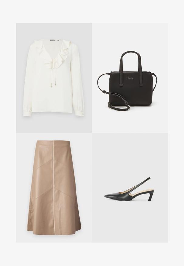 Vit blus med V-ringning, volangkrage och dragsko med silverdetaljer; långa ärmar med knäppning vid handlederna. Mjuk tygtextur.; Beige liknande läder A-linje kjol med subtil paneldetaljering och en jämn matt yta, knä-length och hög midja.; Svart spetsig slingback-sko med låg klack, som har ett slätt lädermaterial och utskärningsdesign på sidan för andningsförmåga.; Svart handväska med dubbla korta handtag och ett avtagbart axelband. Slät läderliknande material med dragkedjestängning och logodetalj.