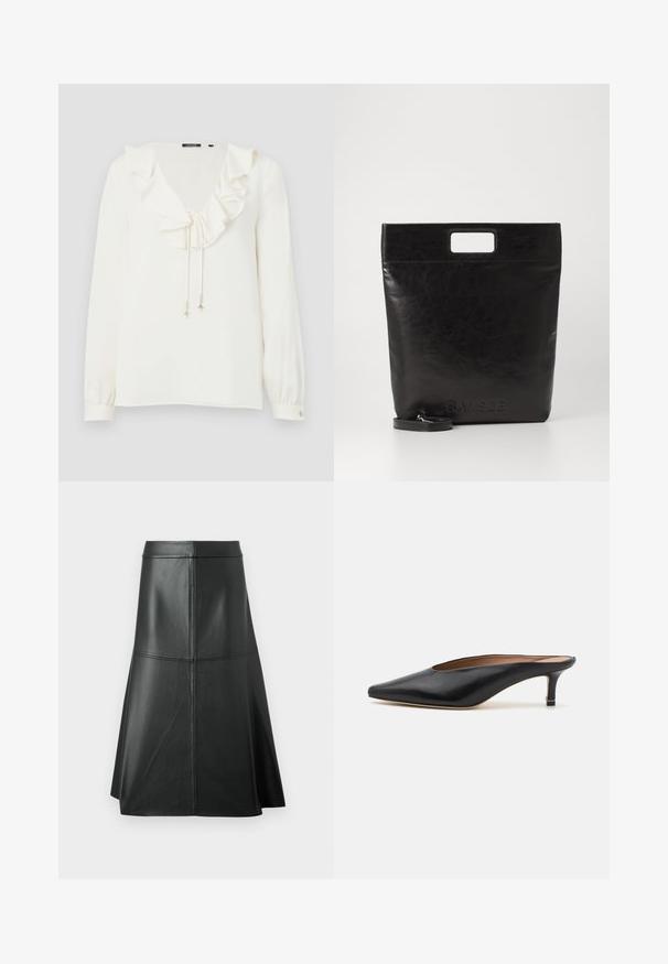 White blouse with a V-neck, ruffled collar, and drawstring ties with silver accents; long sleeves with buttoned cuffs. Soft fabric texture.; Black leather A-line skirt, smooth texture, mid-calf length, features horizontal stitching detail at the waist and seams for added structure.; Black leather mules with a pointed toe and low, block heel. Smooth texture with a sleek design. Open back with minimal detailing.; Black leather tote bag with a square handle, featuring a textured finish and embossed logo. Includes a detachable strap.
