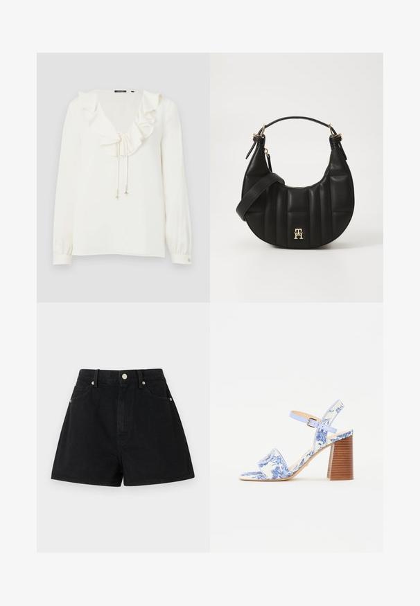 Bela bluzica z V-izrezom, nabranim ovratnikom in vezalkami s srebrnimi detajli; dolgi rokavi s gumbnimi manšetami. Mehka tekstura tkanine.; Črne denimske kratke hlače z visokim pasom, petimi žepi, srebrno strojno opremo in standardnim krojem, ki se ponašajo z gladko teksturo in čistimi robovi.; Modra sandal z cvetličnim vzorcem, s kvadratnim nosom, širokim trakom in nastavljivim gležnjevim trakom, ki ima teksturiran lesen blokast pet.; Črn usnjen ročni torbica s ukrivljeno obliko, prešito teksturo in zlatim okovjem. Ima snemljiv naramni trak in podrobnost z logotipom.