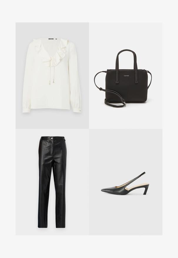 White blouse with a V-neck, ruffled collar, and drawstring ties with silver accents; long sleeves with buttoned cuffs. Soft fabric texture.; Black faux leather pants with crocodile pattern, slim fit, straight leg design, featuring a front button closure and standard waistband.; Black pointy-toed slingback shoe with a low heel, featuring smooth leather material and cut-out design on the side for breathability.; Black handbag with dual short handles and a removable shoulder strap. Smooth leather-like material with a zip closure and logo detail.