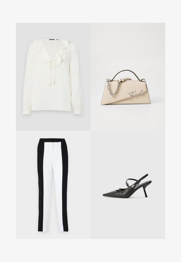 Bílá blůza s výstřihem do V, volánkovým límcem a stahovacími šňůrkami se stříbrnými akcenty; dlouhé rukávy s manžetami na knoflíky. Měkká textura tkaniny.; Černé a bílé zúžené kalhoty v slim fit střihu s kontrastními panely. Materiál má hladkou texturu; pas je plochý a upnutý.; Černé kožené lodičky na boku s špičatou špičkou, štíhlým podpatkem a dekorativní přezkou na nártu. Hladká textura a elegantní design.; Béžová kožená kabelka se strukturovaným trojúhelníkovým tvarem, se stříbrným řetízkem a kovovým logem psaným kurzívou.