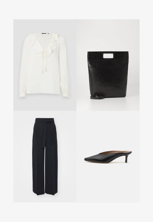 Witte blouse met een V-hals, gerimpelde kraag en trekkoorden met zilveren accenten; lange mouwen met knoopmanchetten. Zachte stofstructuur.; Zwarte wijde broek van zachte stof. Voorzien van een ceintuur en plooien aan de voorkant. Glad textuur met een strakke, hedendaagse stijl.; Zwarte leren muiltjes met een puntige neus en een lage, blokhak. Glad oppervlak met een gestroomlijnd ontwerp. Open achterkant met minimale details.; Zwarte leren draagtas met een vierkant handvat, met een gestructureerde afwerking en een reliëflogo. Inclusief een afneembare schouderband.