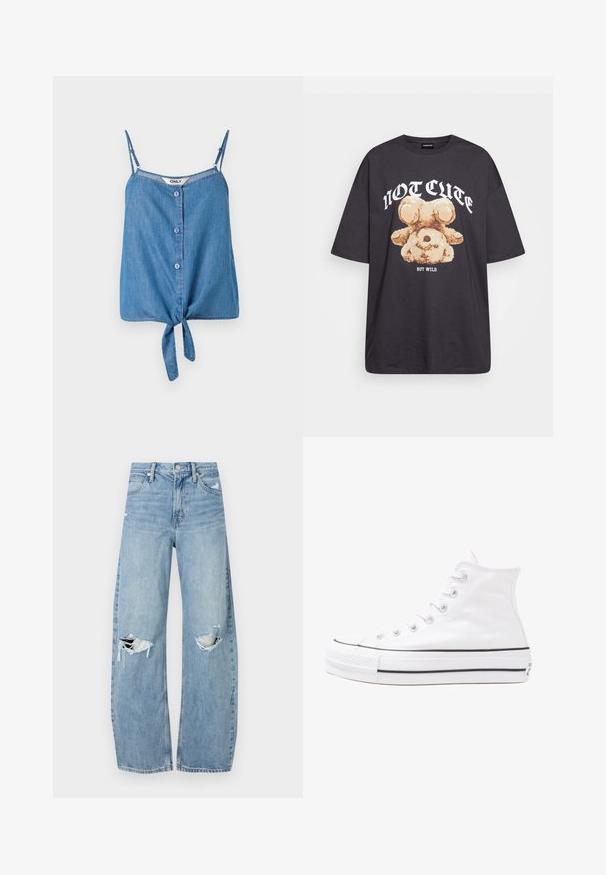 Denim mouwloos topje met verstelbare schouderbanden, met een knoopsluiting aan de voorkant en een gestrikt zoom. Lichtblauwe kleur en zachte textuur.; Zwart oversized t-shirt met een afbeelding van een beer en de tekst "NIET SCHATTIG, MAAR WILD" in grote, witte letters. Gemaakt van katoen.; Lichtblauwe, hooggeritste jeans van denim. Beschikken over wijde pijpen, twee gescheurde knievalken en klassieke vijfzakken styling.; Witte high-top canvas sneakers met een zwarte rubberen zool, een rubberen neuskap aan de voorkant en zes gaatjes voor veters, met een schone, minimalistische uitstraling.