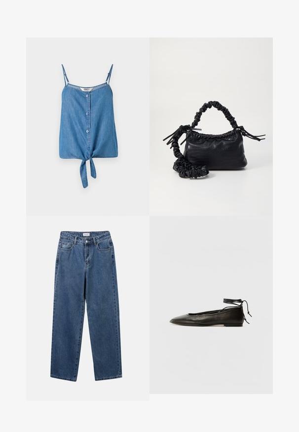 Top din denim fără mâneci, cu bretele ajustabile, având un închidere cu butoane și un tiv legat. Culoare albastru deschis și textură moale.; Jeans clasice din denim albastru, cu un design drept, cinci buzunare și închidere cu nasture. Prezentând o spălare medie și o textură rezistentă.; Balerini din piele neagră, cu vârf ascuțit, șnur pentru glezna și talpă plată, având o textură netedă și un design minimalist.; Geantă din faux leather neagră cu textură de crocodil, cu partea superioară strânsă și o curea mototolită. Pare moale și compactă ca design.