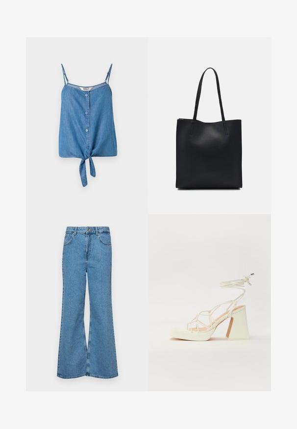 Denim bez piedurknēm tops ar regulējamām siksnām, ar pogu aizdari un sasietu apakšdaļu. Gaiši zila krāsa un maiga tekstūra.; Gaiši zili, platā piegriezuma džinsi, kas izgatavoti no denima, ar augstu jostasvietu, piecām kabatām un vienu pogu. Mīksta tekstūra ar nolietotu apdari.; Baltas augstpapēžu sandales ar masīvu papēdi, ar siksnu dizainu un potītes saistītiem elementiem. Gluda tekstūra ar platformu priekšpusē, lai nodrošinātu papildu augstumu.; Melnas ādas somiņa ar gludu tekstūru, taisnstūra formu un divām garām rokturiem. Nav redzamu aparatūras vai rotājumu.