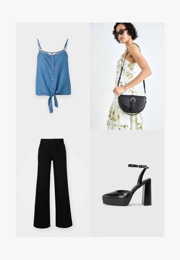 Jeans ärmlös topp med justerbara band, med en knappstängning fram och en knut i nederkanten. Ljusblå färg och mjuk textur.; Svarta vida byxor i denim, med en strukturerad midja, bältesöglor och framfickor. Slät textur med en klassisk design.; Svarta plattformsskor med spetsig tå och justerbart vristband. Tillverkade av mjukt läder, med en kraftig blockklack.; Svart läderhandväska med en böjd form, avtagbar rem och guldiga detaljer. Väskan har ett lock med en spänndetalj.