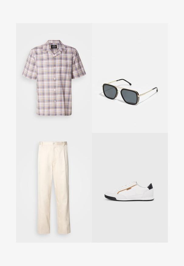 Camicia a maniche corte a quadri color beige, con dettagli blu e marroni, colletto e bottoni frontali. Realizzata in tessuto leggero, presenta un motivo a scacchi.; Pantaloni in cotone beige con taglio dritto, dotati di chiusura a bottone e pence sul davanti per un tocco di dettaglio in più.; Scarpe sportive bianche con accenti in rete e pelle. Presentano un logo dorato "BOSS", pannelli laterali testurizzati e un copri tallone nero. Suola in gomma.; Occhiali da sole neri e oro con forma quadrata, montatura metallica, lenti grigio scuro e punte delle aste nere. Presentano un design a doppio ponte.