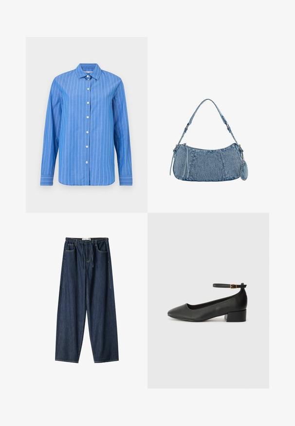 Modra srajca z dolgimi rokavi z belimi navpičnimi črtami, z gumbi spredaj, klasičnim ovratnikom in mehkobo tkanine.; Temno modri kavbojasti hlače s širokim krojem. Imajo elastičen pas, vrvico in sprednje žepe. Gladka tekstura z vidnimi šivi.; Črne usnjene pumpice z nazobčanimi prsti in nizko blokasto peto. Imajo trak okoli gležnja z zaponko v zlatem tonu. Gladka tekstura.; Denim torbica s zakrivljenim oblikom, svetlo modre barve, nastavljivim naramnicam in majhno odstranitveno torbico z metalnimi detajli.