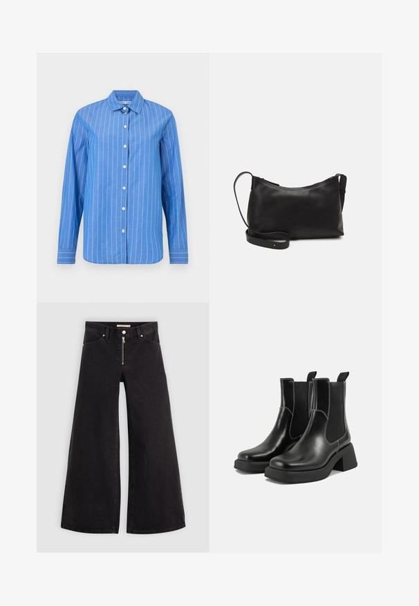 Sinine pikakarvaline triiksärk valgete vertikaalsete triipudega, nööbitav esikülg, klassikaline krae ja pehme kangatekstuur.; Laiad teksad mustast denimist, millel on lukuga eesmine osa, viie taskuga disain ja peened õmblusdetailid. Sile tekstuur ja juhuslik stiil.; Must musta Chelsea saapad, millel on paks konts, elastsed külgpaneelid ja kontrastne valge õmblus. Tekstuuriga viimistlus.; Mustmust nahk õlakotil on sile tekstuur, kumer kuju, reguleeritav rihm ja lukuga sulgemine. Minimalistlik disain ilma kaunistusteta.