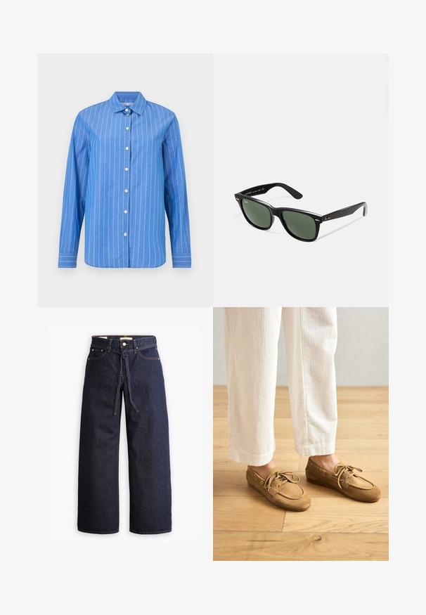 Blaues Langarmhemd mit weißen vertikalen Streifen, Knopfleiste vorne, klassischem Kragen und weicher Stoffstruktur.; Weite, dunkelblaue Jeans aus Denim mit hoher Taille, ausgestattet mit einem Kordelzug, fünf Taschen und kontrastierenden Nähdetails.; Braune Wildleder-Bootsschuhe mit Schnürsenkeln, abgerundeter Zehenpartie und gesteppten Akzenten. Getragen mit weißen Cordhosen in einer Holzumgebung.; Schwarze Plastiksonnenbrille mit grünen Gläsern, quadratischen Rahmen, silbernem Akzent auf der Augenbraue und strukturierten Bügeln. Angegebene Marke auf dem inneren Bügel.