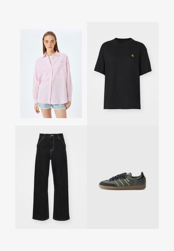 Helles rosa Hemd mit knöpfbarem Kragen in lässiger Passform, das eine Brusttasche, lange Ärmel und einen texturierten stoffähnlichen Leinenlook aufweist.; Schwarzes Baumwoll-T-Shirt mit lockerer Passform. Hat einen Rundhalsausschnitt und kurze Ärmel. Enthält ein kleines, goldfarben gesticktes Logo auf der Brust.; Schwarze weit geschnittene Jeans aus Denim, mit kontrastierenden weißen Nähten und einem vorderen Knopfverschluss, ausgestattet mit zwei schrägen Fronttaschen.; adidas Originals SAMBA OG - Sneaker low - core black/legend earth/gum