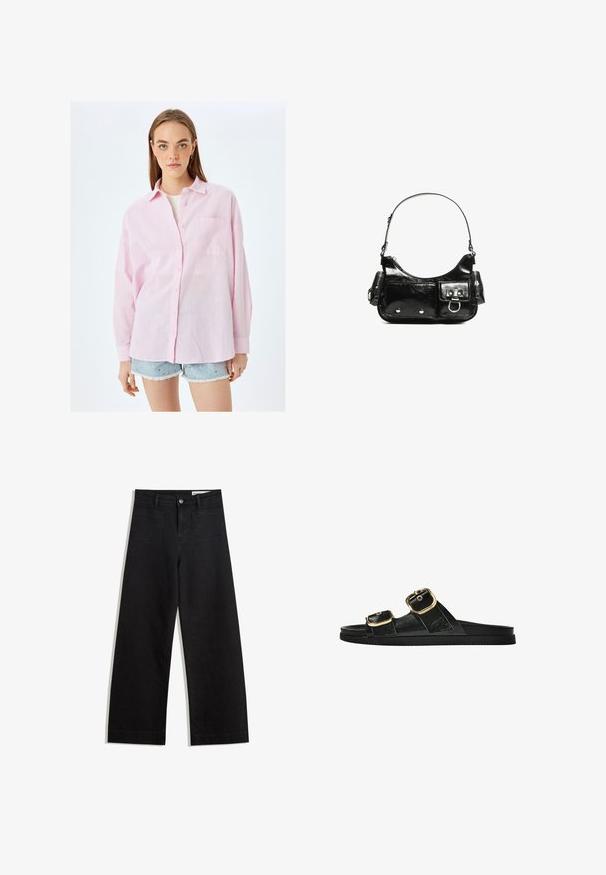 Lyserød knappeskjorte i en afslappet pasform, med en brystlomme, lange ærmer og en tekstureret stof, der minder om linned.; Sorte wide-leg denim bukser med høj talje, der har front- og baglommer, syede sømme og en knaplukning. Glat tekstur.; Sort skridsandal med to guldspænder, glat tekstureret materiale, flad sål og et minimalistisk design.; Sort patenteret læder håndtaske med en buet form, en skulderrem, frontlommer og hardware accenter i sølvfarve.
