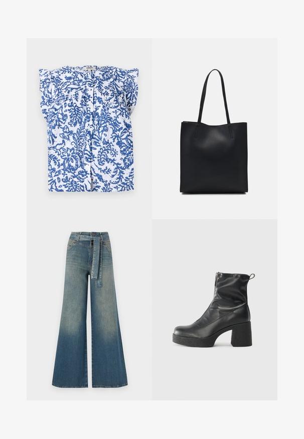 Biely blúzka s modrým kvetinovým vzorom, krátke rukávy a predné zapínanie na gombíky. Vyrobená z ľahkej tkaniny s textúrovaným povrchom.; Džínsy s širokými nohavicami, ktoré majú prechod od svetlomodrej po tmavomodrú, vysoký pás, pútka na opasok a opasok z rovnakého materiálu. Textúrovaný denimový povrch.; Čierne členkové topánky z hladkej kože, so bočným zipsom, robustnou textúrovanou pätnou časťou a zaobleným dizajnom špičky.; Čierna kožená taška na rameno s hladkým povrchom, obdĺžnikovým tvarom a dvoma dlhými uchami. Bez viditeľného kovania alebo ozdôb.