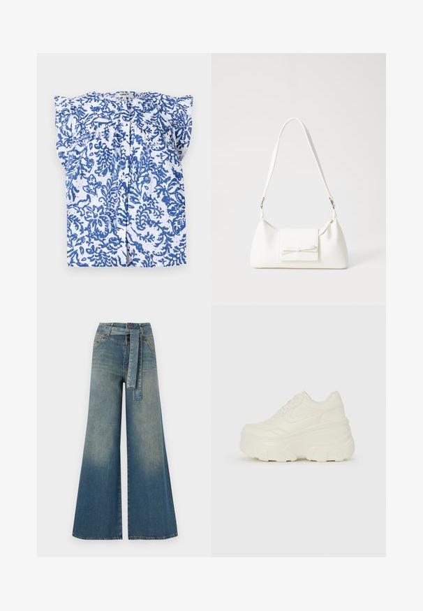 Weißes Blusenshirt mit blauem Blumenmuster, kurzen Ärmeln und Knopfleiste. Hergestellt aus leichtem Stoff mit strukturierter Oberfläche.; Weit geschnittene Denim-Hosen mit einem Farbverlauf von hellblau zu dunkelblau, hoher Taille, Gürtelschlaufen und einem passenden Stoffgürtel. Strukturierte Denim-Oberfläche.; Weiße Platform Sneakers mit einem glatten, lederähnlichen Obermaterial, abgerundeter Form, gepolstertem Kragen und strukturierten Gummisohlen mit ausgeprägten Stollen.; Weiße synthetische Handtasche in dreieckiger Form, flache Vorderklappe und Schleifendetail, verstellbarer Trageriemen, glatte Textur und minimalistisches Design.