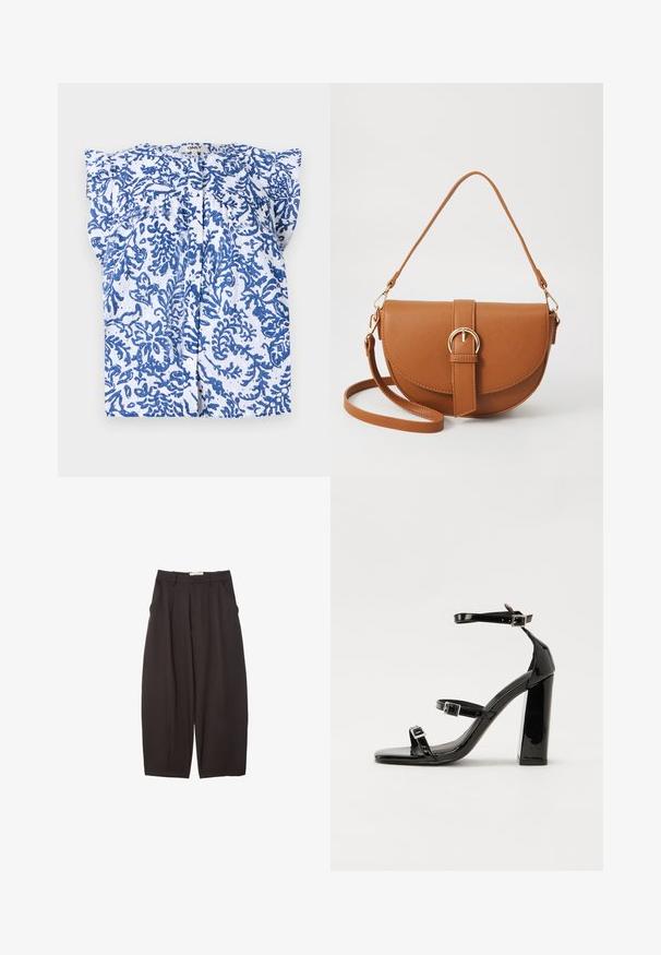 Weißes Blusenshirt mit blauem Blumenmuster, kurzen Ärmeln und Knopfleiste. Hergestellt aus leichtem Stoff mit strukturierter Oberfläche.; Schwarze weit geschnittene Hosen aus einem glatten Stoff, mit hoher Taille, Frontfalten und Seitentaschen. Schlichtes Design ohne Verzierungen.; Schwarze patentierte Sandalen mit Absatz, quadratischer Spitze, Knöchelriemen und silbernen Schnallen. Mit einem stabilen Blockabsatz für mehr Stabilität.; Braune Leder-Crossbody-Tasche mit geschwungener Form, goldfarbenen Beschlägen und einer Schnallenakzentuierung. Verfügt über einen abnehmbaren Schultergurt.
