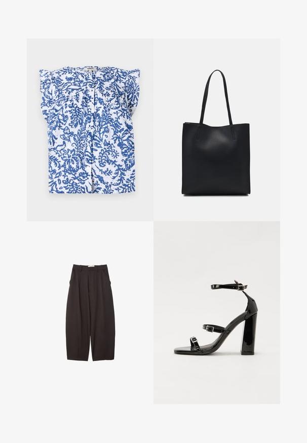 White blouse with blue floral pattern, short sleeves, and a button-up front. Made of lightweight fabric with textured surface.; Black wide-leg trousers made from a smooth fabric, featuring a high waist, front pleats, and side pockets. Simple design without embellishments.; Black patent heeled sandals with a square toe, ankle straps, and silver buckles. Features a chunky block heel for stability.; Black leather tote bag with smooth texture, rectangular shape, and two long handles. No visible hardware or embellishments.