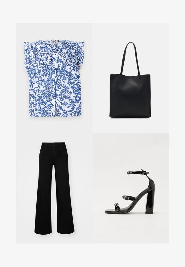 Balta blūze ar zilu ziedu rakstu, īsām piedurknēm un pogājamu priekšpusi. Izgatavota no viegla auduma ar teksturētu virsmu.; Melni plaša kāju bikses, izgatavotas no džinsa, ar strukturētu jostu, jostu cilpiņām un priekšējām kabatām. Gluda tekstūra ar klasisku dizainu.; Melnas lakotas augstpapēžu čības ar kvadrāta purngalu, potīšu siksniņām un sudraba sprādzēm. Aprīkotas ar masīvu bloku papēdi stabilitātei.; Melnas ādas somiņa ar gludu tekstūru, taisnstūra formu un divām garām rokturiem. Nav redzamu aparatūras vai rotājumu.