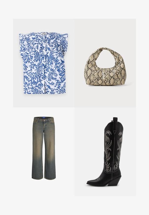 Fehér blúz kék virágmintával, rövid ujjal és gombos elejével. Könnyű anyagból készült, texturált felülettel.; Széles lábú kék farmernadrág, világosról sötétre gradációval, ötpocketos kialakítással és gombos záródással. Varrott részletek a széleken.; Fekete bőr cowboy csizmák hegyes orral, wedge sarkakkal és ezüst hímzett virágmintákkal a szár mentén. Kontraszt varrás az egész csizmán.; Kígyómintás kézitáska ívelt fogantyúval. Texturált, bézs és barna anyagból készült, jellegzetes gyémántmintával.