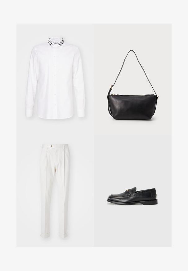 Balta marška su sagų užsegimu priekyje ir ilgomis rankovėmis. Išskirtinis kontrastingas atspaudų apykaklės dizainas su užrašais "CHIC" ir "SAME". Paprasta audinio tekstūra.; Baltos, pritaikytos kelnės su lygiu priekiu, dviem raukšlėmis ir prisuktomis rankovėmis. Pagamintos iš lygios medžiagos, su mygtuku juosmenyje.; Juodi odiniai loaferiai turi apvalų nykštį, siuvinėtus detalės ir mažą aukso akcentą priekyje. Padas yra plokščias ir diskretiškas.; Juodas odinis pečių krepšys su viena ilga reguliuojama rankena ir auksine užtrauktuko uždarymo sistema viršuje, išdėstytas ant vientiso fono.
