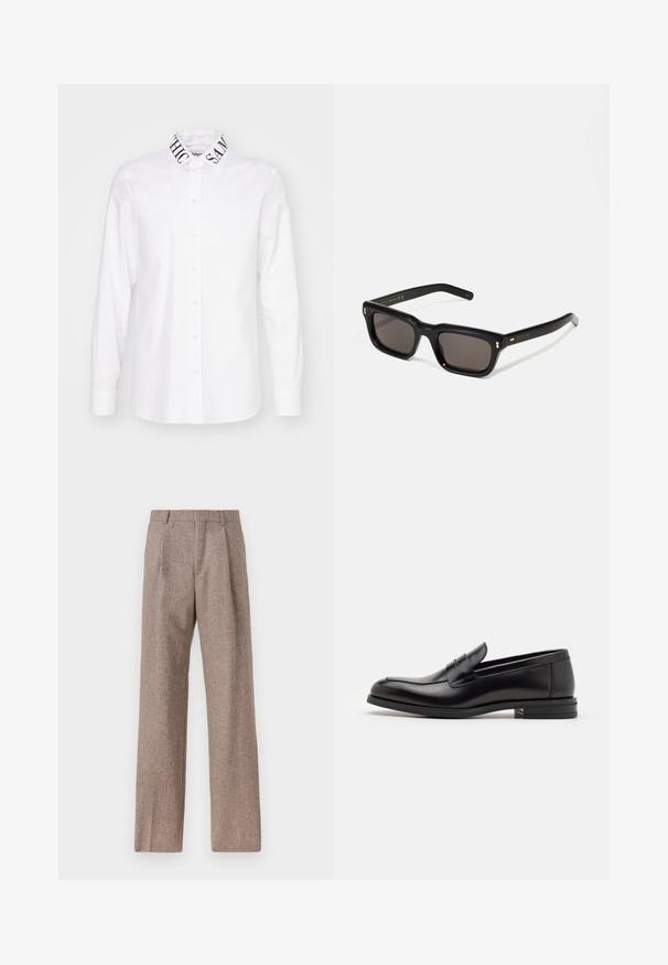 Fehér ing, gombos előlappal és hosszú ujjakkal. Figyelemfelkeltő, kontrasztos nyakkendő részlet, amelyen a "CHIC" és a "SAME" feliratok szerepelnek. Egyszerű szövet textúra.; Barna, magas derekú nadrág texturált anyagból. Széles szárai és két elülső redője biztosítja a struktúrát. Ízléses kivitel, látható fémszerelés nélkül.; Fekete bőr loaferek sima textúrával, kerek orral és dekoratív pánttal a vampnál. Alacsony, rétegelt sarkú, minimalista dizájn.; Fekete téglalap alakú napszemüveg sötét lencsékkel, vastag műanyag keret, arany díszítések a szárakon, és a márka logója gravírozva a szára.; Fekete vászontáska fekete bőr füllel. Egyszerű dizájn, tágas test és sima textúra. Nincsenek látható logók vagy minták.