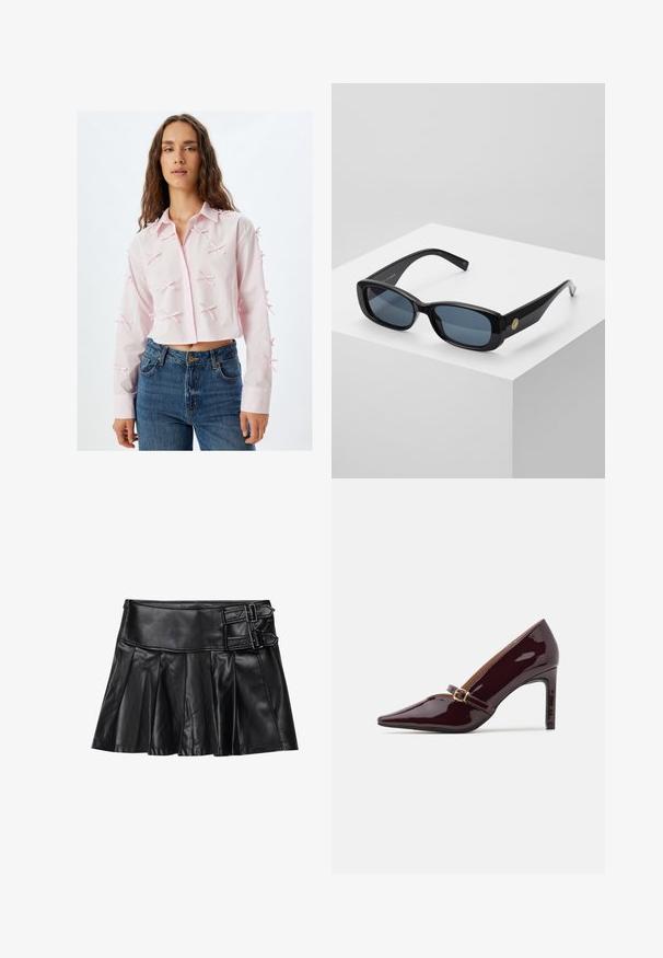Rosa kurzes Shirt aus leichtem Stoff, mit einer durchgehenden Knopfleiste, spitzem Kragen und dekorativen Schleifen an den Ärmeln. Kombiniert mit blauen Jeans.; Schwarze Lederrock mit Falten, breitem Bund und zwei Schnallenakzenten an der Seite. Glatte Textur mit glänzendem Finish.; Patente burgunderfarbene High Heels mit spitzer Zehenpartie, Knöchelriemen mit goldfarbenen Beschlägen und einer eleganten, polierten Oberfläche. Erhöhter Stiletto-Absatz.; Schwarze rechteckige Sonnenbrille mit getönten blauen Gläsern, dicken Rahmen und einem goldenen, runden Akzent an der Seite. Schlichte, glänzende Oberfläche.; Burgunderfarbene Handtasche aus synthetischem Material mit strukturiertem Design, ausgestattet mit einem abnehmbaren Trageriemen und einem blumenmusternden Schal, der am Griff gebunden ist.