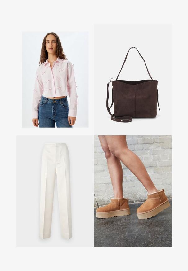 Camicetta rosa corta realizzata in tessuto leggero, con chiusura a bottoni, colletto a punta e fiocchi decorativi sulle maniche. Abbinate a jeans blu.; Due top in cotone, uno bianco e uno nero. Ognuno ha un profondo scollo e spalline sottili, con una texture liscia e morbida.; Pantaloni color crema con vestibilità sartoriale, dotati di gamba dritta, tessuto liscio, pince frontali e orlo pulito. Design minimalista.; Stivali alla caviglia in suede marrone con una fodera morbida, suola platform spessa beige e un'asola posteriore. Superficie testurizzata con dettagli di cucitura ben visibili.; Borsa a spalla in suede marrone con una texture morbida, caratterizzata da una singola tracolla e un'apertura superiore leggermente curvata. Nessun dettaglio hardware visibile.